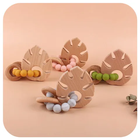 Silicone Beech Wood Baby Teether Bracelet Monstera Leaf Shape Beaded Teething Ring BPA Free Infant Grasping Soothing Toy
