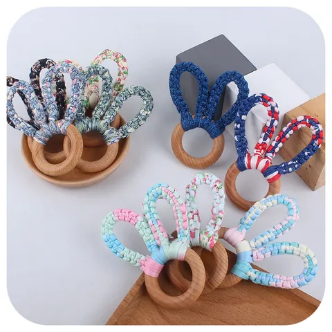 Baby Teether Toy Beech Wood Ring Handmade Woven Cotton Rabbit Ear Soothing Teething Relief Toy For Infants Toddlers Toy