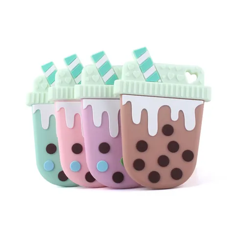 Boba Milk Tea Cup Shaped Baby Silicone Teether BPA Free Food Grade Silicone Chew Toy For Infants Toddlers Teething Relief Toy