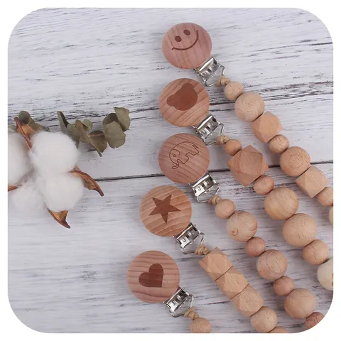 Natural Beech Wood Baby Pacifier Clip Anti-lost Chain For Infants Cartoon Animal Heart Star Soothing Teether Beads Holder