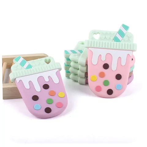 Boba Milk Tea Cup Shaped Baby Silicone Teether BPA Free Food Grade Silicone Chew Toy For Infants Toddlers Teething Relief Toy