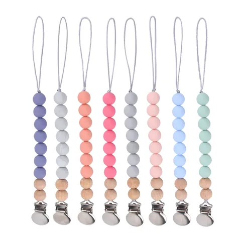 Silicone Beech Wood Beads Pacifier Clip Chain For Baby Soothing Teether Toy Strap Anti-Drop Holder Leash For Infants