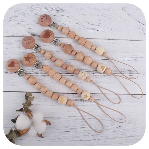 Natural Beech Wood Baby Pacifier Clip Anti-lost Chain For Infants Cartoon Animal Heart Star Soothing Teether Beads Holder