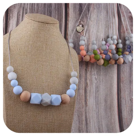 Food Grade Silicone Beech Wood Baby Teething Necklace Geometric Hexagon Beads BPA Free Soothing Teether Pendant Nursing Jewelry For Infants