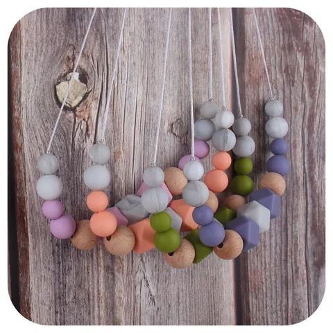 Food Grade Silicone Beech Wood Baby Teething Necklace Geometric Hexagon Beads BPA Free Soothing Teether Pendant Nursing Jewelry For Infants