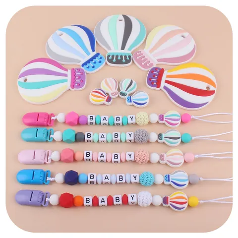 Silicone Hot Air Balloon Baby Teether Set With Pacifier Clip Anti-drop Chain Letters Beads Infant Soothing Chew Toy