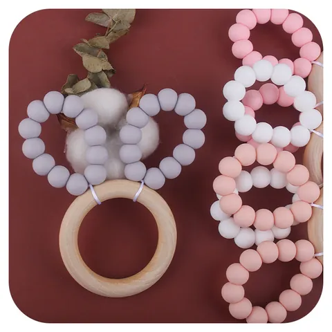 Baby Silicone Beads Teether Toy With Natural Wooden Ring Cute Rabbit Ears Design Infant Molar Grasping Training Toy BPA Free