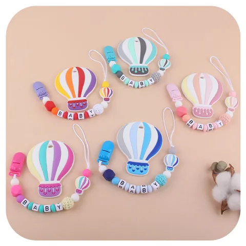 Silicone Hot Air Balloon Baby Teether Set With Pacifier Clip Anti-drop Chain Letters Beads Infant Soothing Chew Toy