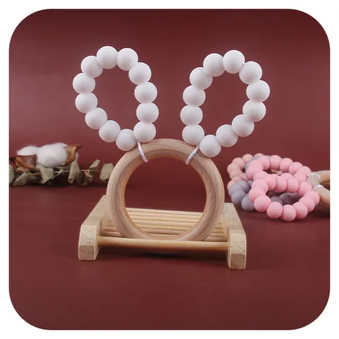 Baby Silicone Beads Teether Toy With Natural Wooden Ring Cute Rabbit Ears Design Infant Molar Grasping Training Toy BPA Free