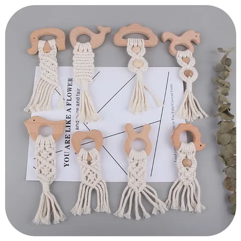 DIY Baby Beech Wood Animal Teether Hand-woven Cotton Rope Molar Toy Nordic Macrame Tassel Infant Teething Toy For Newborn Boys Girls