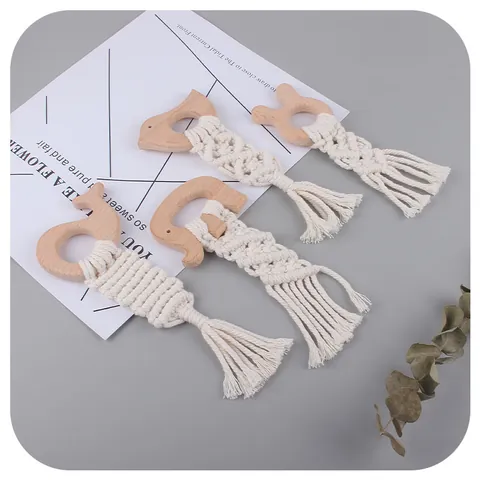 DIY Baby Beech Wood Animal Teether Hand-woven Cotton Rope Molar Toy Nordic Macrame Tassel Infant Teething Toy For Newborn Boys Girls