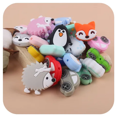 Cartoon Silicone Baby Teether Beads DIY Pacifier Chain Accessories Penguin Fox Unicorn Car Dinosaur Shape Silicone Beads