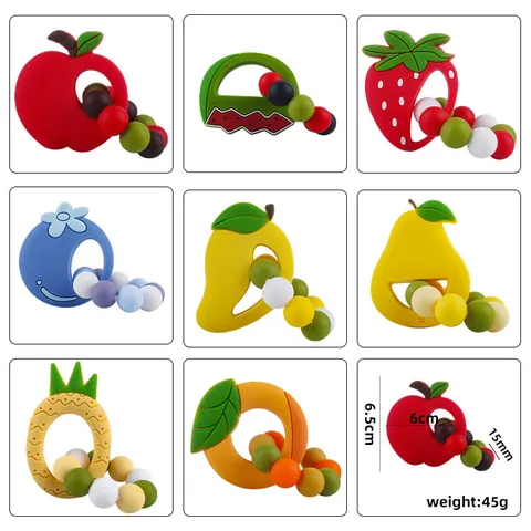 Jouet de Dentition en Silicone pour Bébé Forme de Fruit Dessin Animé Fraise Ananas Pastèque Avec Perles Soulage la Douleur des Gencives