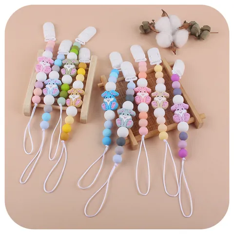Silicone Baby Pacifier Clip Cartoon Rabbit Teething Chain Beech Wood Beads Pacifier Holder For Infant Toddler Prevent Loss