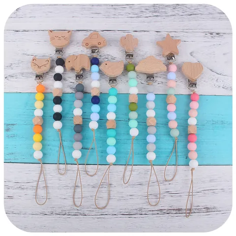 Beech Wood Silicone Baby Pacifier Clip Teether Set Cute Animal Heart Car Star Cloud Bird Fox Elephant Cactus Beads Chain