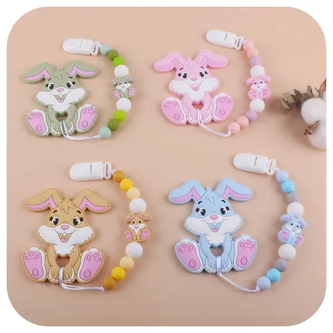 Cartoon Rabbit Silicone Baby Teether And Pacifier Clip Set Food Grade Beaded Anti-Drop Soothing Molar Toy For Infants Newborns