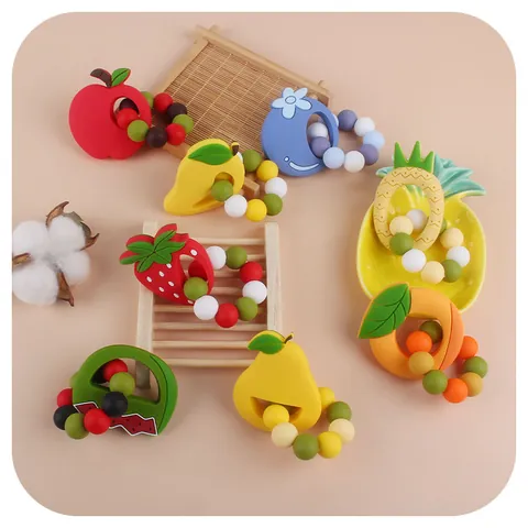 Jouet de Dentition en Silicone pour Bébé Forme de Fruit Dessin Animé Fraise Ananas Pastèque Avec Perles Soulage la Douleur des Gencives