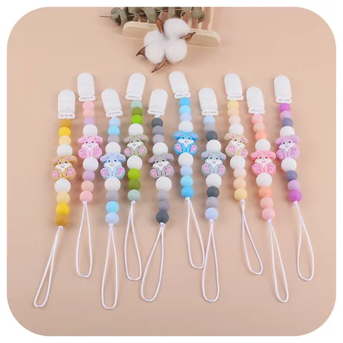 Silicone Baby Pacifier Clip Cartoon Rabbit Teething Chain Beech Wood Beads Pacifier Holder For Infant Toddler Prevent Loss