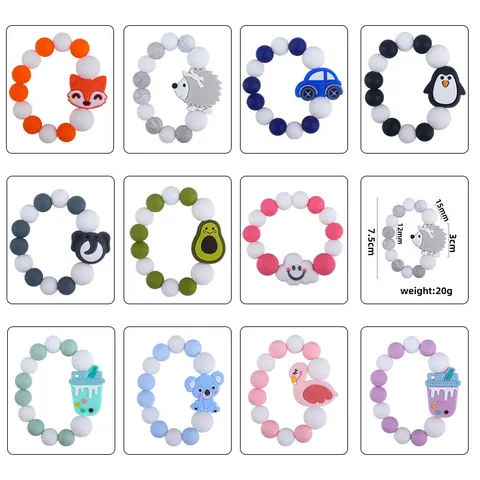 Cartoon Animal Baby Silicone Teether Bracelet Food Grade Teething Beads Ring For Infant Toddler Chew Toy Gift