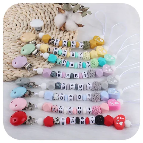 Cadena de Chupete de Silicona para Bebé con Cuentas de Letras y Corazón Cadena de Dentición Calmante Anticaída Accesorio de Enfermería