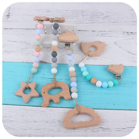 Beech Wood Silicone Baby Pacifier Clip Teether Set Cute Animal Heart Car Star Cloud Bird Fox Elephant Cactus Beads Chain