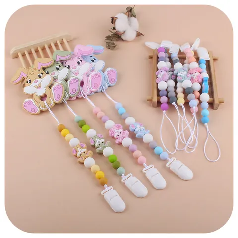 Cartoon Rabbit Silicone Baby Teether And Pacifier Clip Set Food Grade Beaded Anti-Drop Soothing Molar Toy For Infants Newborns