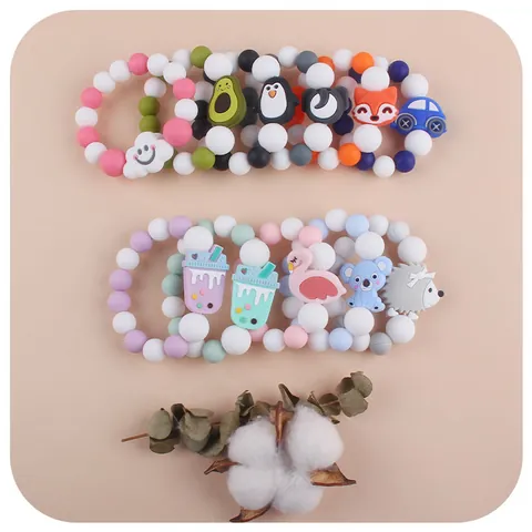 Cartoon Animal Baby Silicone Teether Bracelet Food Grade Teething Beads Ring For Infant Toddler Chew Toy Gift