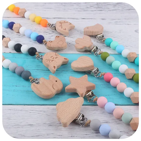 Baby Pacifier Clip Silicone Beads Beech Wood Teether Chain For Infants Soother Holder Animal Star Heart Shapes Nursing Toy