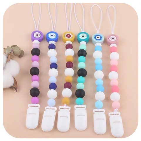 Silicone Evil Eye Pacifier Clip Beads Baby Teether Chain Anti-Lost Nipple Holder For Infants Teething Toy Silicone Pacifier Chain