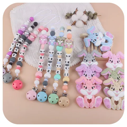 Cartoon Rabbit Silicone Baby Teether Pacifier Clip Chain Alphabet Beads Soothing Toy Nursing Accessory Infant Gum Relief