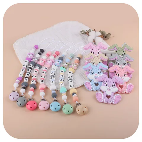 Cartoon Rabbit Silicone Baby Teether Pacifier Clip Chain Alphabet Beads Soothing Toy Nursing Accessory Infant Gum Relief