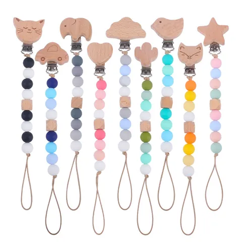 Baby Pacifier Clip Silicone Beads Beech Wood Teether Chain For Infants Soother Holder Animal Star Heart Shapes Nursing Toy