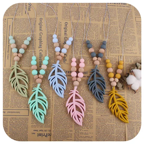 Safe Silicone Baby Teething Necklace Feather Pendant With Natural Wood Beads BPA Free Soothing Molar Toy For Toddlers