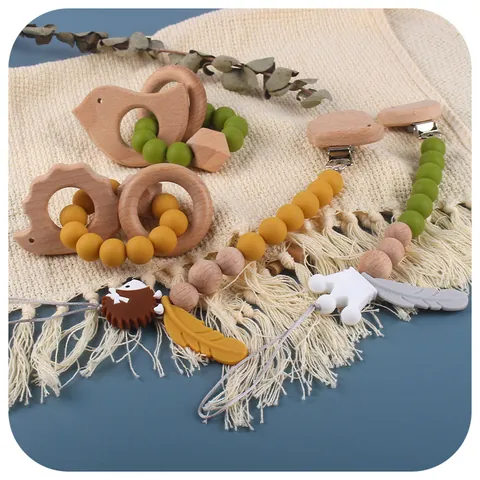 Baby Pacifier Clip Chain Silicone Beads Beech Wood Animal Teether Set For Infants Toddlers Nursing Teething Relief Toy