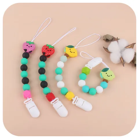 Cadena de Chupete de Silicona Y Madera Fruta Dibujos Animados Fresa Limón Correa Anti-Caída Para Dentición Bebé Accesorio Enfermería