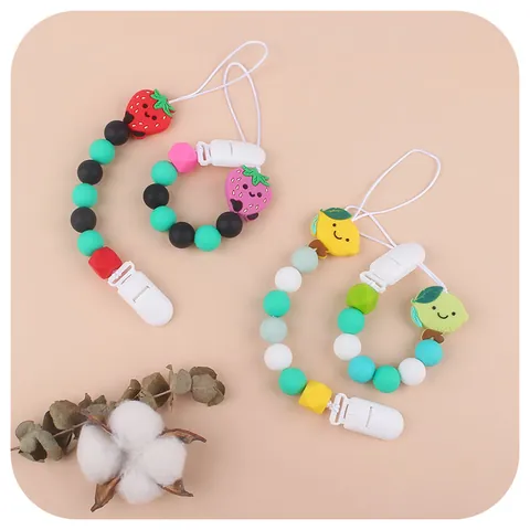 Cadena de Chupete de Silicona Y Madera Fruta Dibujos Animados Fresa Limón Correa Anti-Caída Para Dentición Bebé Accesorio Enfermería