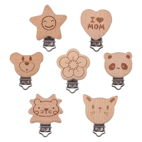 Chupetero de Madera de Haya Natural para Bebé Formas de Animales de Dibujos Animados Cadena de Chupete DIY Hebilla de Metal Corazón Panda Oso Estrella Accesorio Infantil