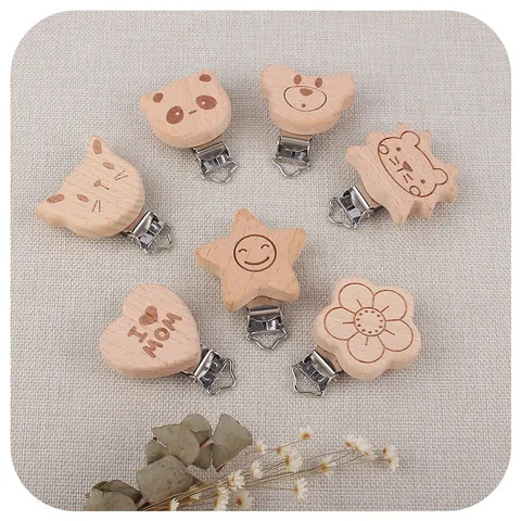 Chupetero de Madera de Haya Natural para Bebé Formas de Animales de Dibujos Animados Cadena de Chupete DIY Hebilla de Metal Corazón Panda Oso Estrella Accesorio Infantil