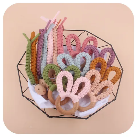Handmade Crochet Rabbit Ears Baby Teether Ring Beech Wood Cotton Woven Infant Sensory Teething Toy For Grasping Relief