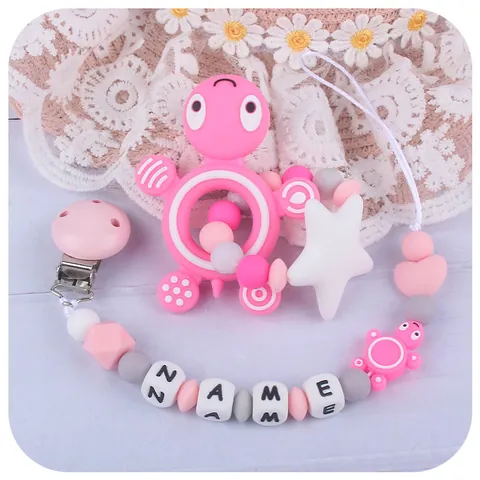 Baby Silicone Turtle Teether And Pacifier Clip Chain With Letter Beads Soothing Molar Toy For Infants Toddlers Shower Gift