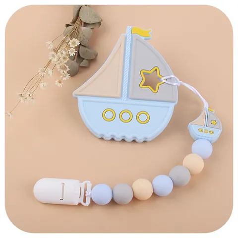 Silicone Pacifier Clip Sailboat Cartoon Baby Teether Soothing Chain Food Grade Silicone Beads Holder For Infants Newborns Gift