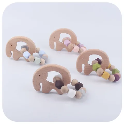 Baby Elephant Beechwood Teether Silicone Bead Bracelet Natural Wood Grasping Toy For Infant Toddler Teething Relief Sensory Development Toy