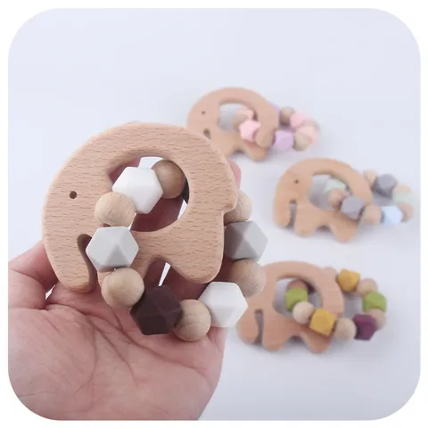Baby Elephant Beechwood Teether Silicone Bead Bracelet Natural Wood Grasping Toy For Infant Toddler Teething Relief Sensory Development Toy