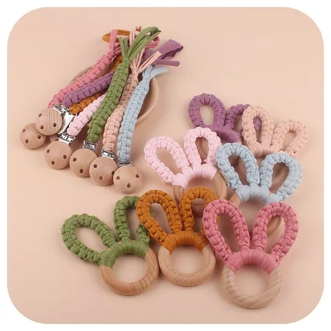 Handmade Crochet Rabbit Ears Baby Teether Ring Beech Wood Cotton Woven Infant Sensory Teething Toy For Grasping Relief