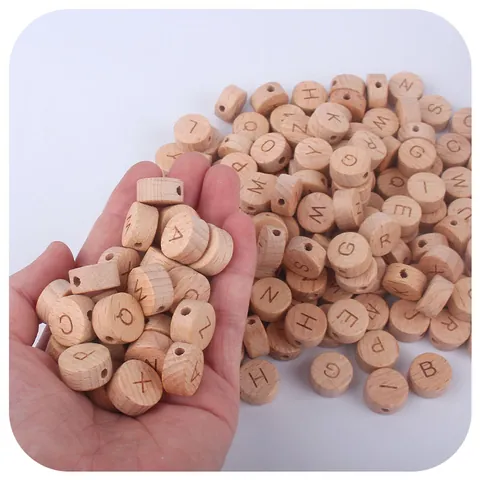 15mm Beech Wood Alphabet Beads For DIY Pacifier Chain Teether Accessory Natural Wood Engraved Alphabet Beads Baby Jewelry Craft