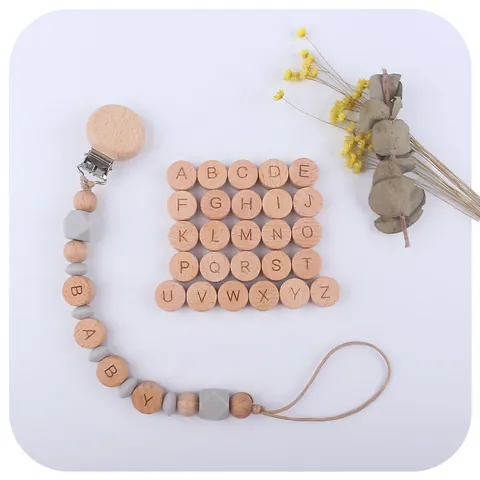 15mm Beech Wood Alphabet Beads For DIY Pacifier Chain Teether Accessory Natural Wood Engraved Alphabet Beads Baby Jewelry Craft