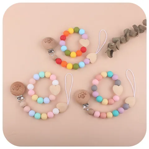 Baby Pacifier Clip And Teether Set Food Grade Silicone Beads Natural Beech Wood Heart Shape Anti-loss Chain For Newborn Infants Soothing Gift