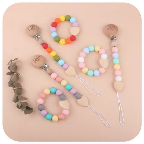 Baby Pacifier Clip And Teether Set Food Grade Silicone Beads Natural Beech Wood Heart Shape Anti-loss Chain For Newborn Infants Soothing Gift