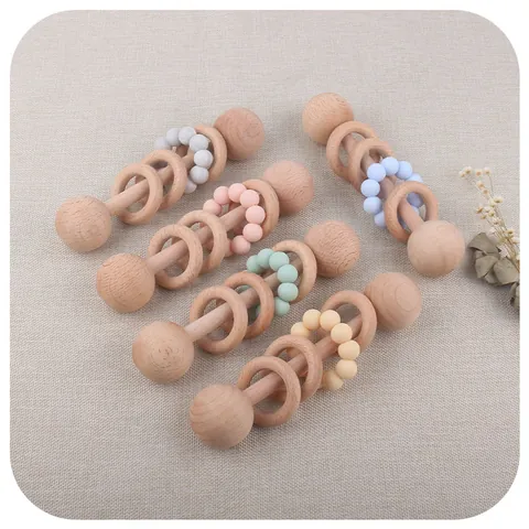Beech Wood Silicone Baby Teether Rattle Toy Montessori Sensory Teething Stick For Infant Grip Training BPA Free Toy