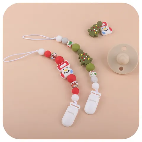 Christmas Baby Silicone Teether Pacifier Clip Chain Cartoon Santa Claus Print Silicone Beads Soothing Teething Toy Infant Anti-Lost Holder Gift